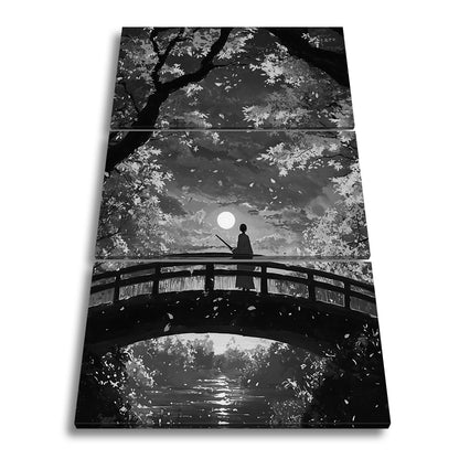 Leinwandbild Anime XXL – Einsamer Krieger auf Brücke im roten Herbstmondlicht - deyoli