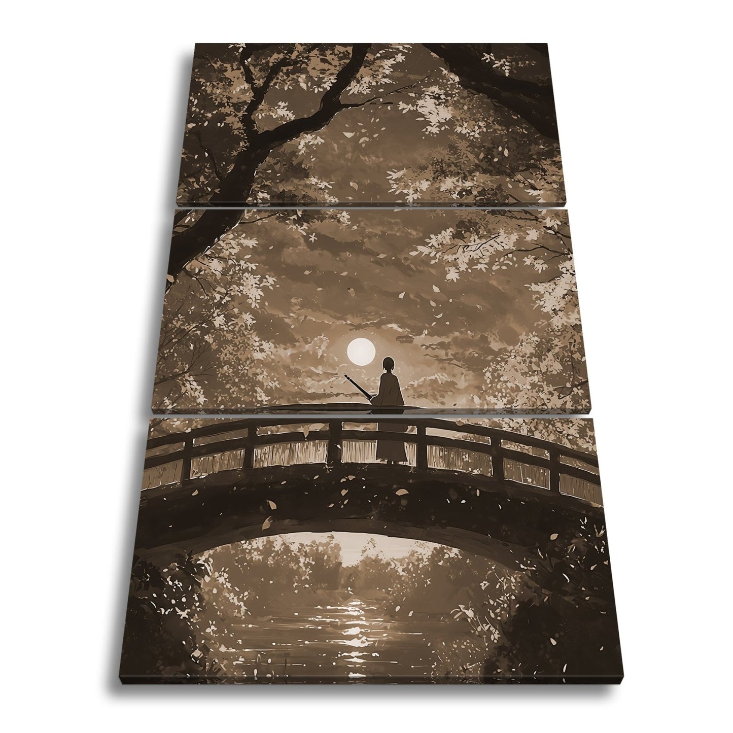 Leinwandbild Anime XXL – Einsamer Krieger auf Brücke im roten Herbstmondlicht - deyoli
