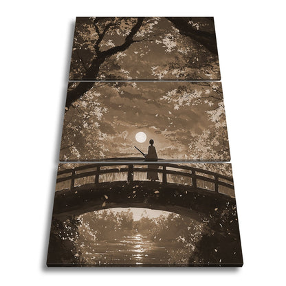 Leinwandbild Anime XXL – Einsamer Krieger auf Brücke im roten Herbstmondlicht - deyoli