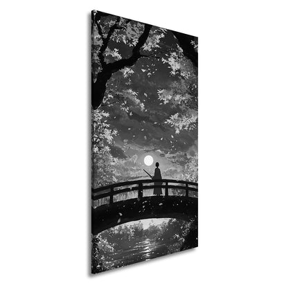 Leinwandbild Anime XXL – Einsamer Krieger auf Brücke im roten Herbstmondlicht - deyoli