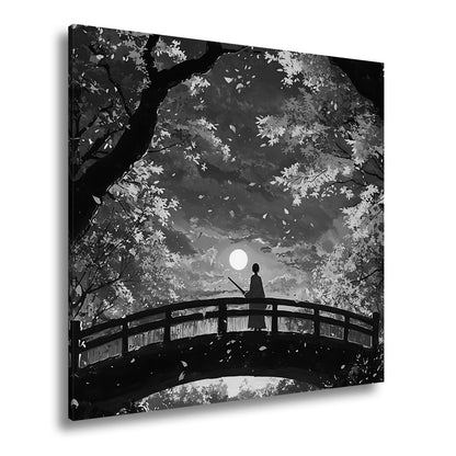 Leinwandbild Anime XXL – Einsamer Krieger auf Brücke im roten Herbstmondlicht - deyoli