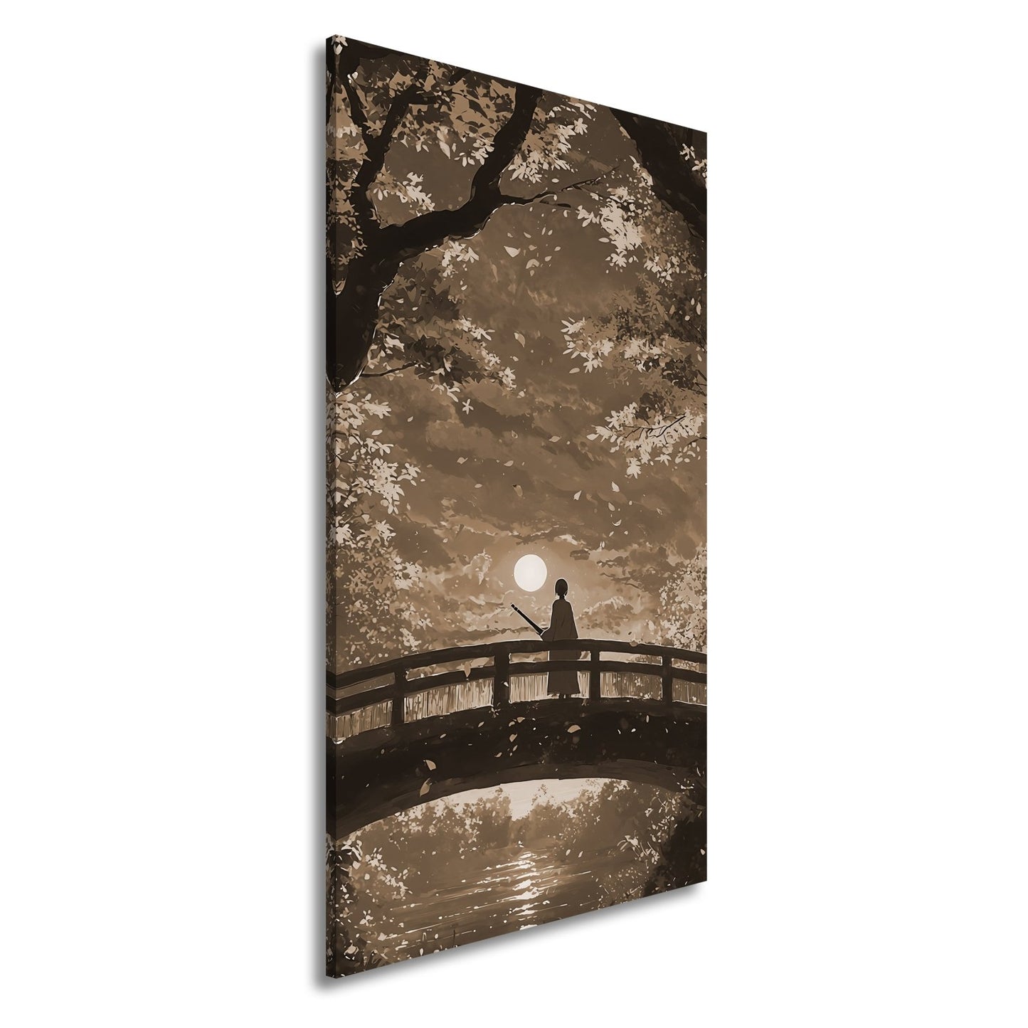 Leinwandbild Anime XXL – Einsamer Krieger auf Brücke im roten Herbstmondlicht - deyoli