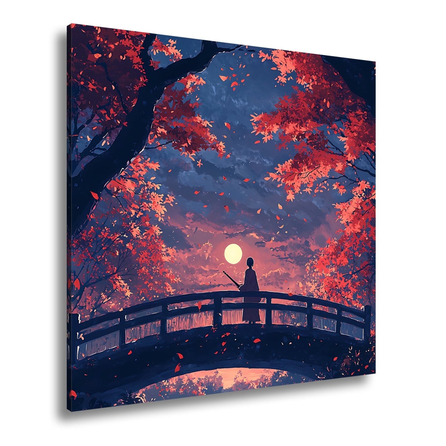 Leinwandbild Anime XXL – Einsamer Krieger auf Brücke im roten Herbstmondlicht - deyoli