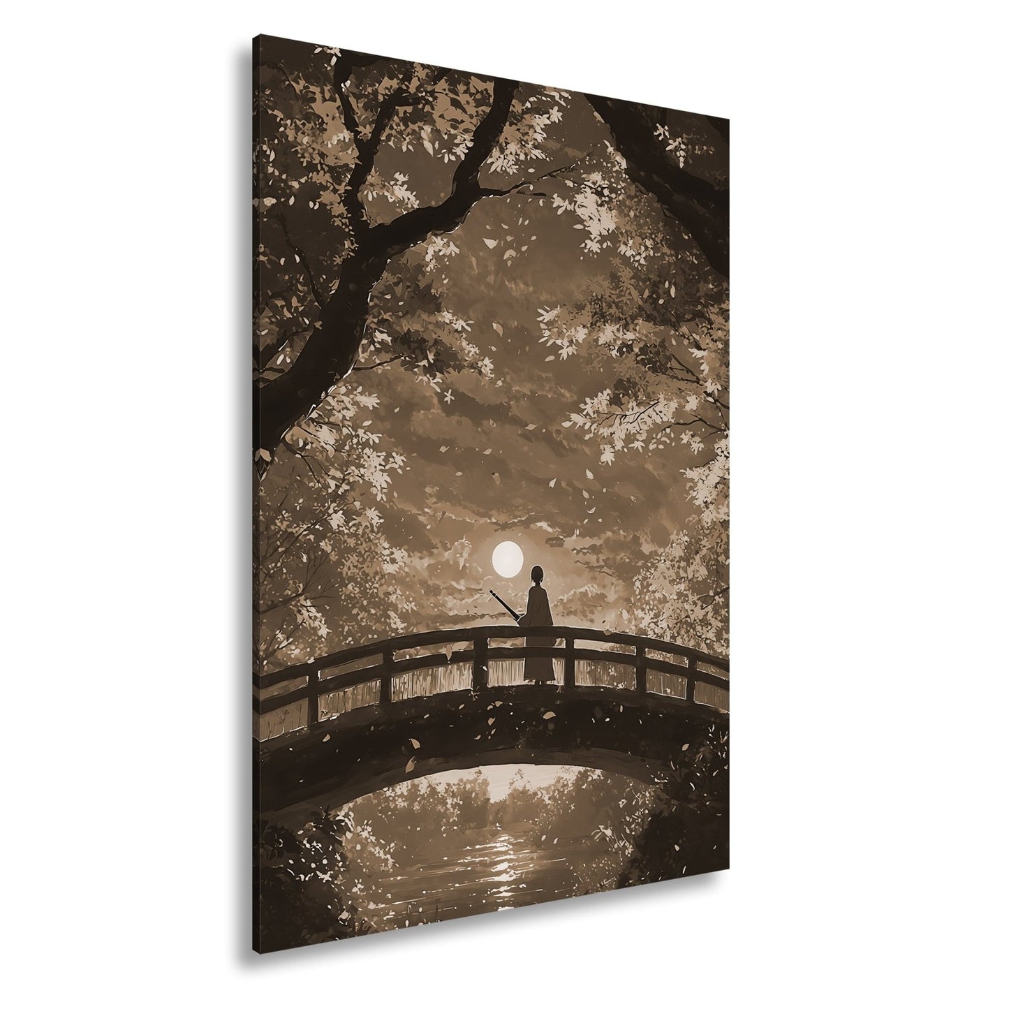 Leinwandbild Anime XXL – Einsamer Krieger auf Brücke im roten Herbstmondlicht - deyoli