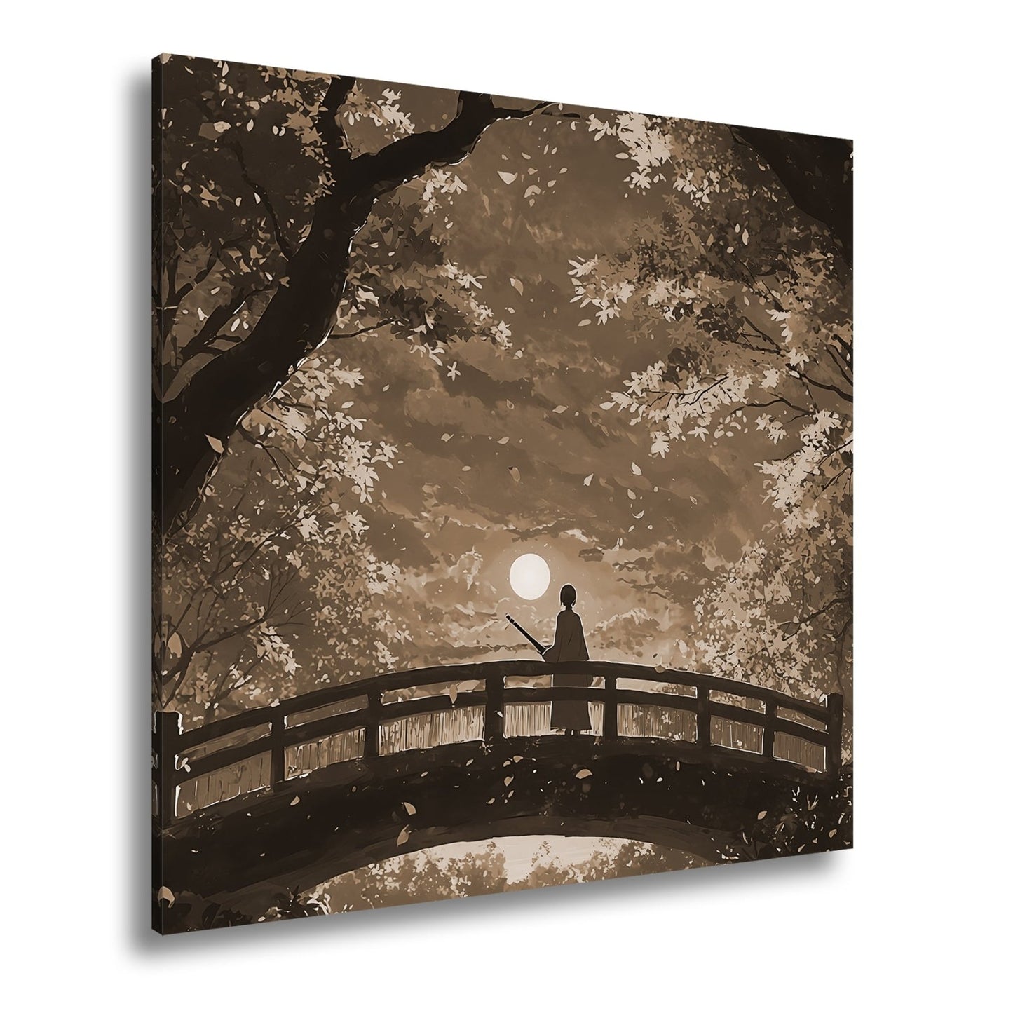 Leinwandbild Anime XXL – Einsamer Krieger auf Brücke im roten Herbstmondlicht - deyoli