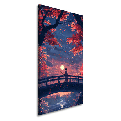 Leinwandbild Anime XXL – Einsamer Krieger auf Brücke im roten Herbstmondlicht - deyoli