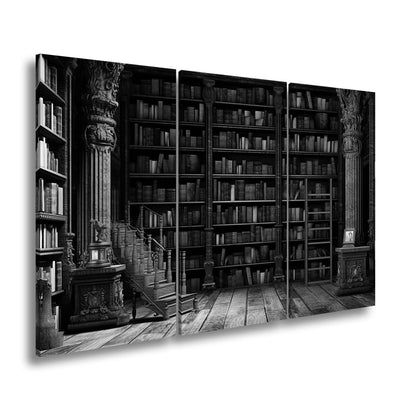 Leinwandbild Antike Bibliothek – Verzierte Säulen & Holzregale XXL - deyoli