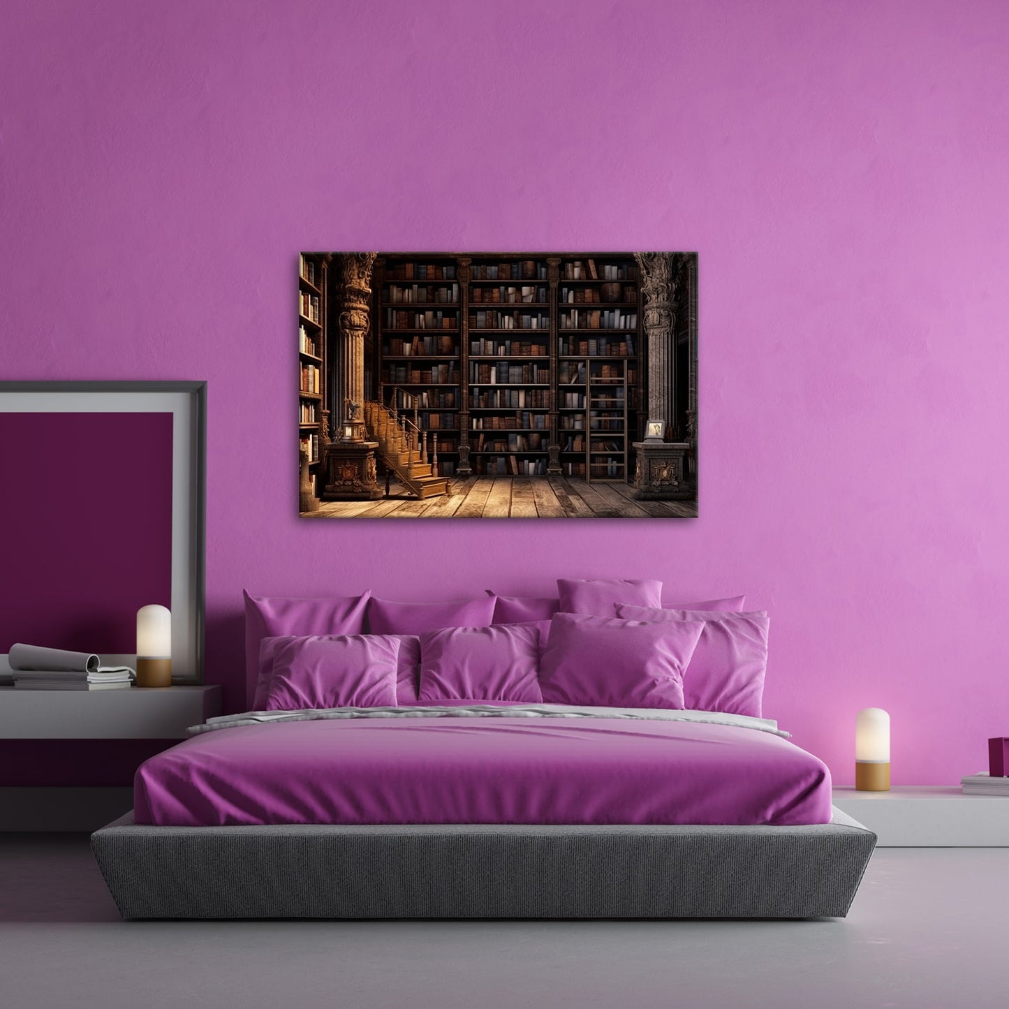 Leinwandbild Antike Bibliothek – Verzierte Säulen & Holzregale XXL - deyoli