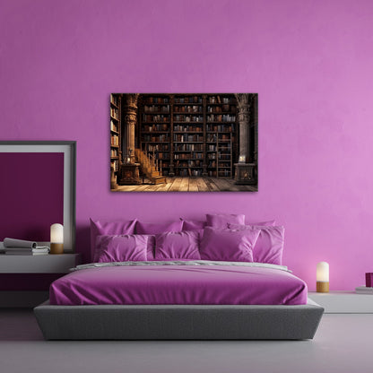 Leinwandbild Antike Bibliothek – Verzierte Säulen & Holzregale XXL - deyoli