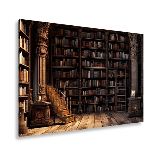Leinwandbild Antike Bibliothek – Verzierte Säulen & Holzregale XXL - deyoli