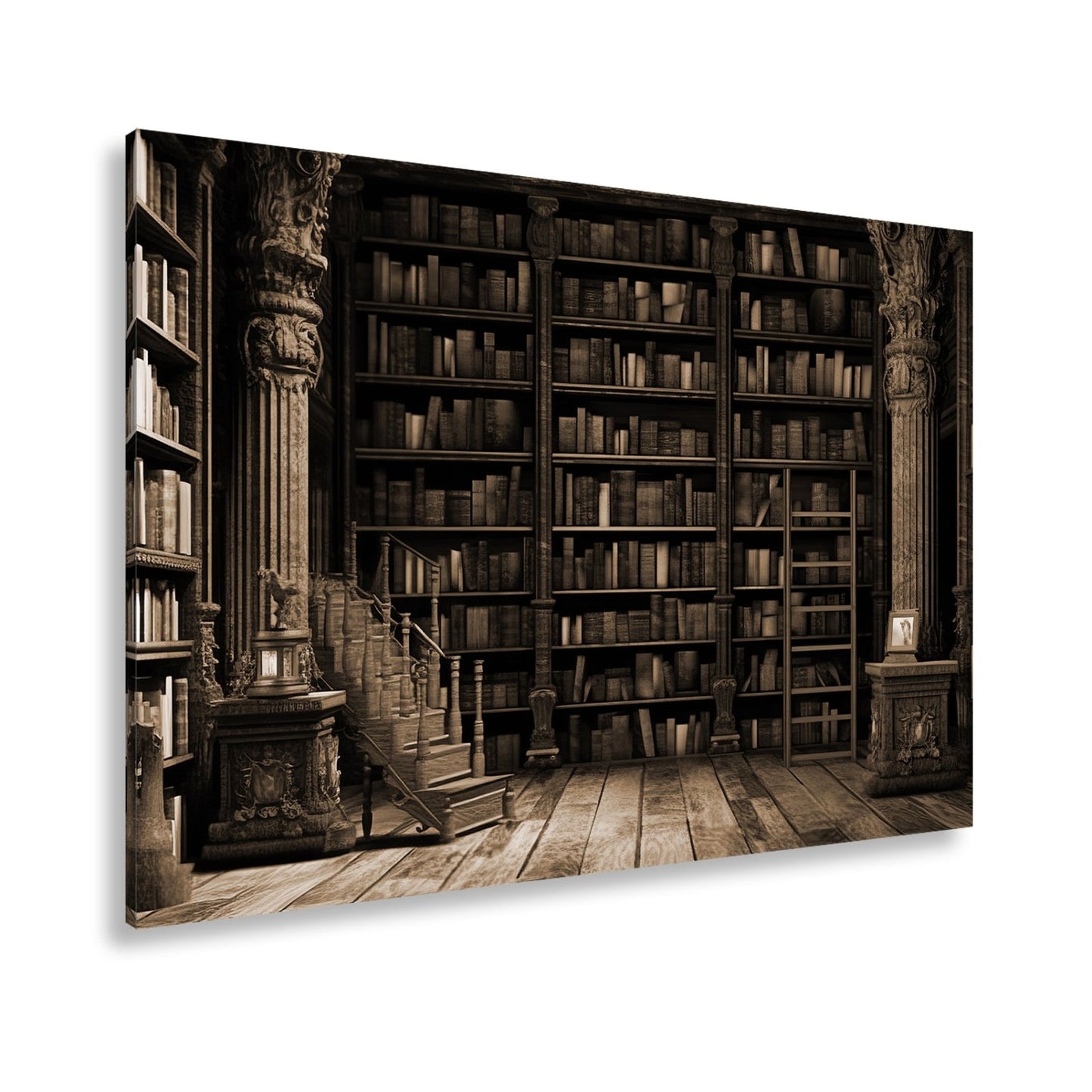 Leinwandbild Antike Bibliothek – Verzierte Säulen & Holzregale XXL - deyoli