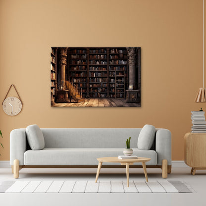Leinwandbild Antike Bibliothek – Verzierte Säulen & Holzregale XXL - deyoli