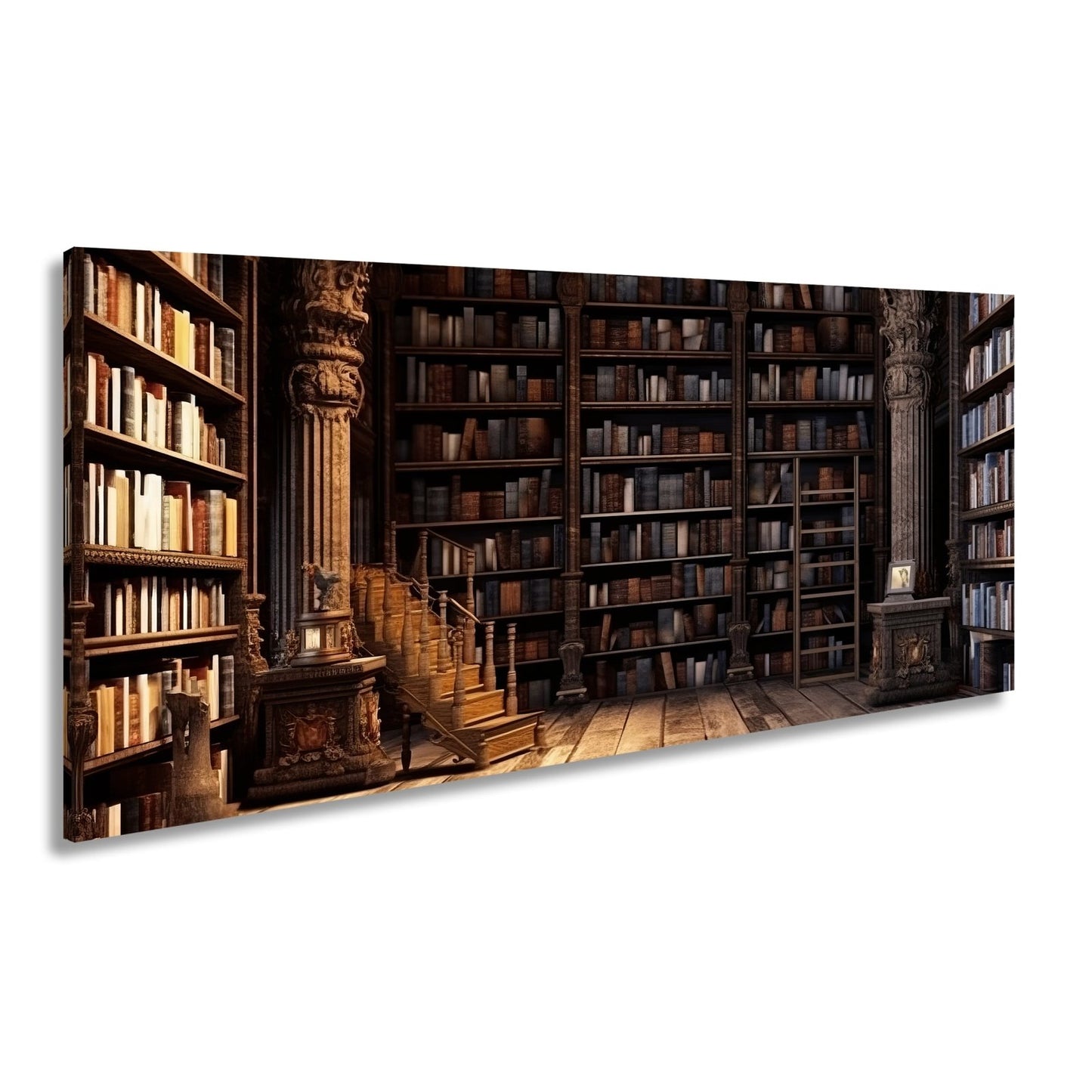 Leinwandbild Antike Bibliothek – Verzierte Säulen & Holzregale XXL - deyoli