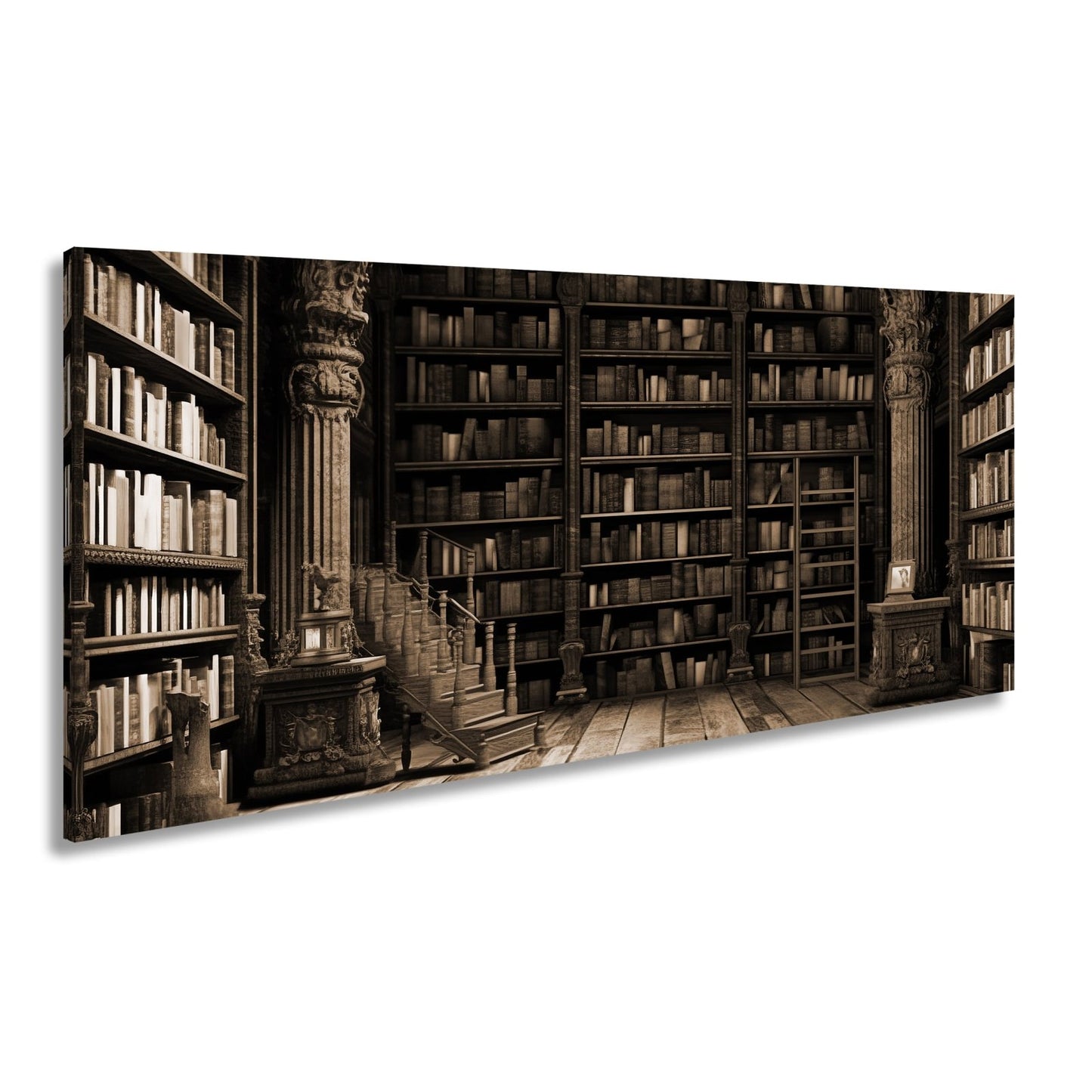 Leinwandbild Antike Bibliothek – Verzierte Säulen & Holzregale XXL - deyoli