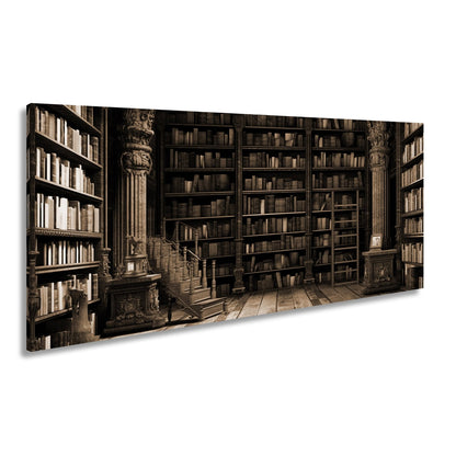 Leinwandbild Antike Bibliothek – Verzierte Säulen & Holzregale XXL - deyoli