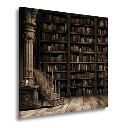 Leinwandbild Antike Bibliothek – Verzierte Säulen & Holzregale XXL - deyoli