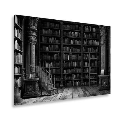 Leinwandbild Antike Bibliothek – Verzierte Säulen & Holzregale XXL - deyoli