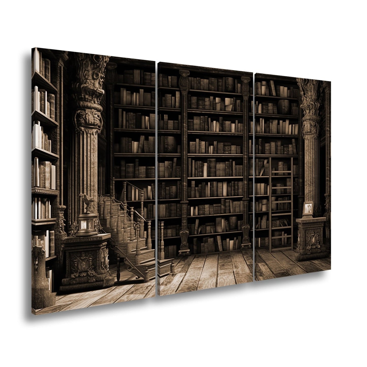 Leinwandbild Antike Bibliothek – Verzierte Säulen & Holzregale XXL - deyoli