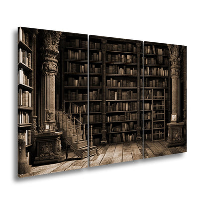 Leinwandbild Antike Bibliothek – Verzierte Säulen & Holzregale XXL - deyoli