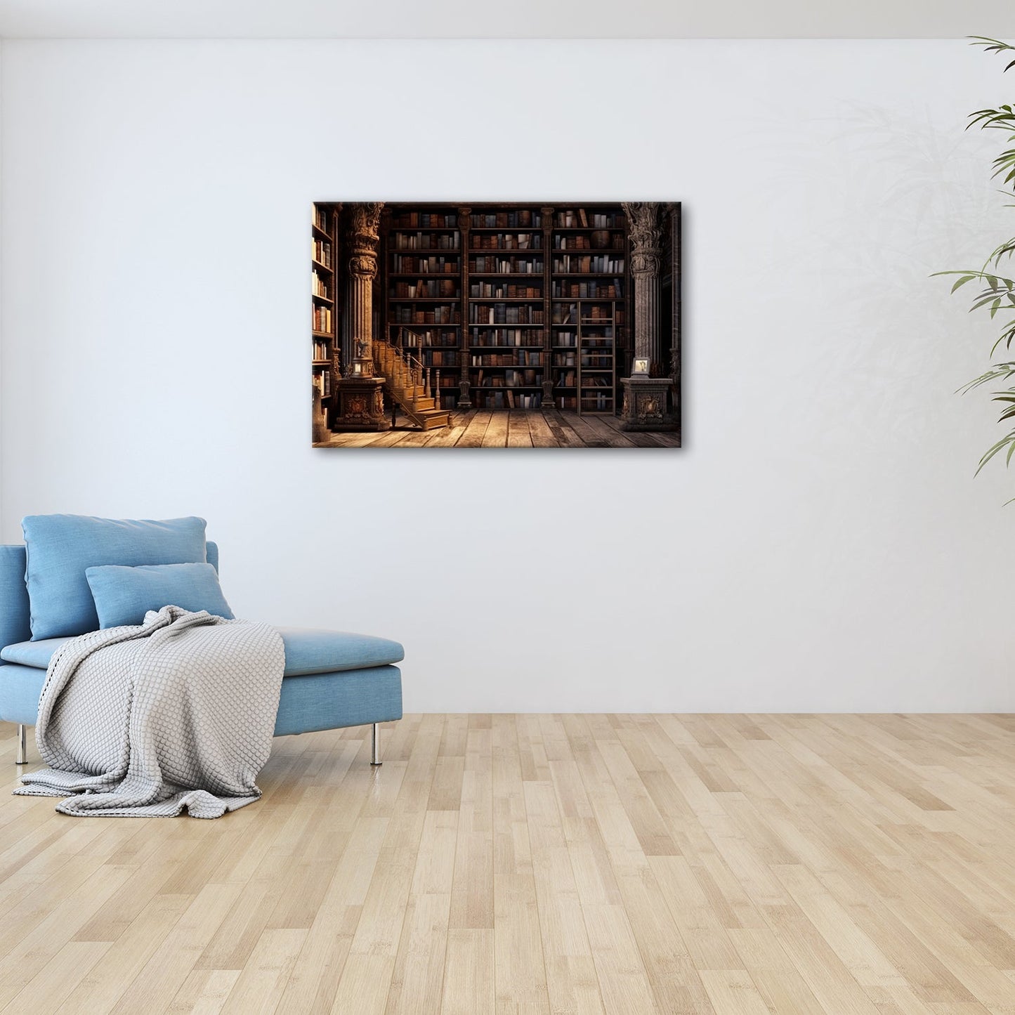 Leinwandbild Antike Bibliothek – Verzierte Säulen & Holzregale XXL - deyoli