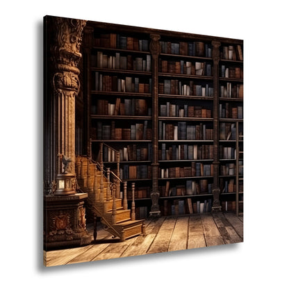 Leinwandbild Antike Bibliothek – Verzierte Säulen & Holzregale XXL - deyoli