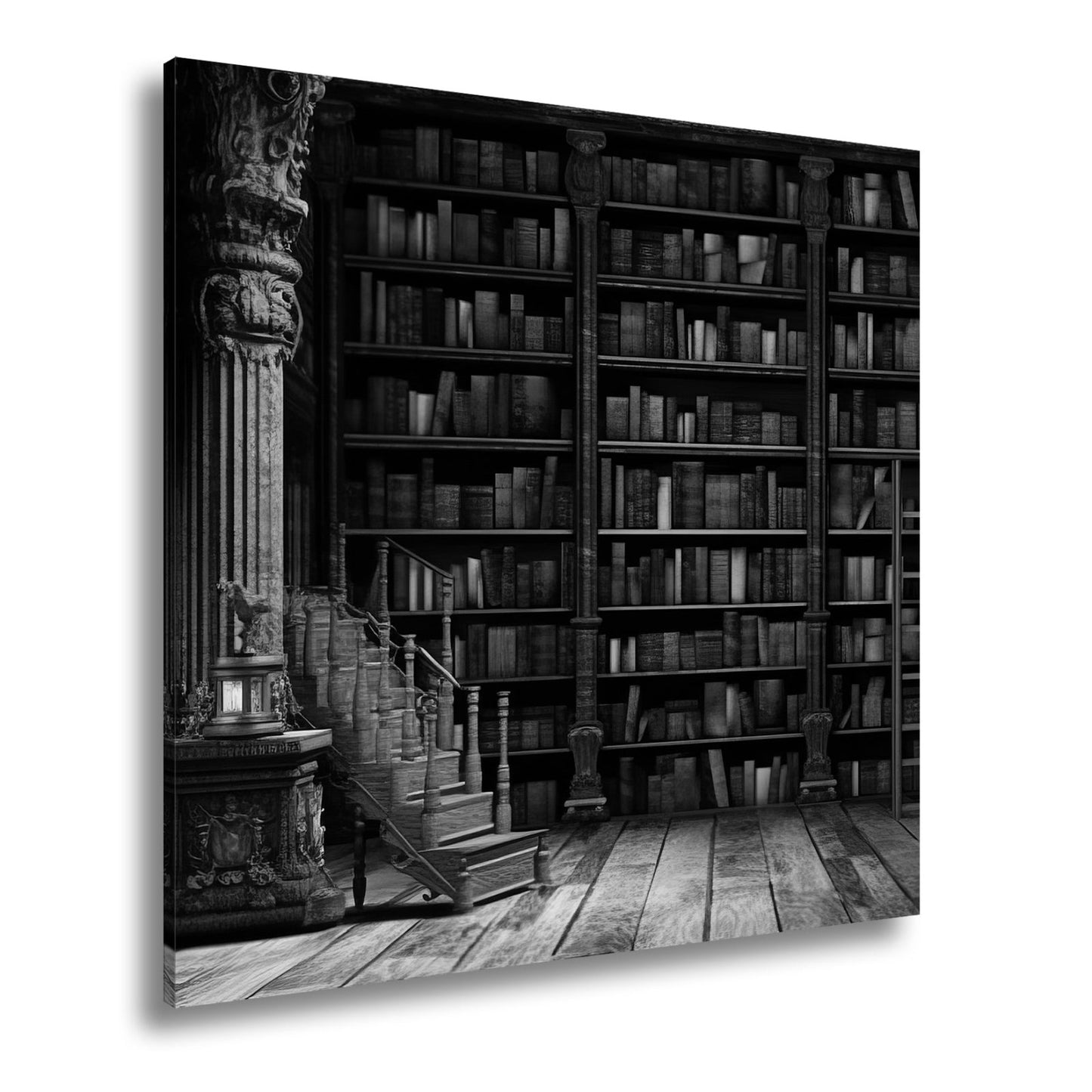 Leinwandbild Antike Bibliothek – Verzierte Säulen & Holzregale XXL - deyoli