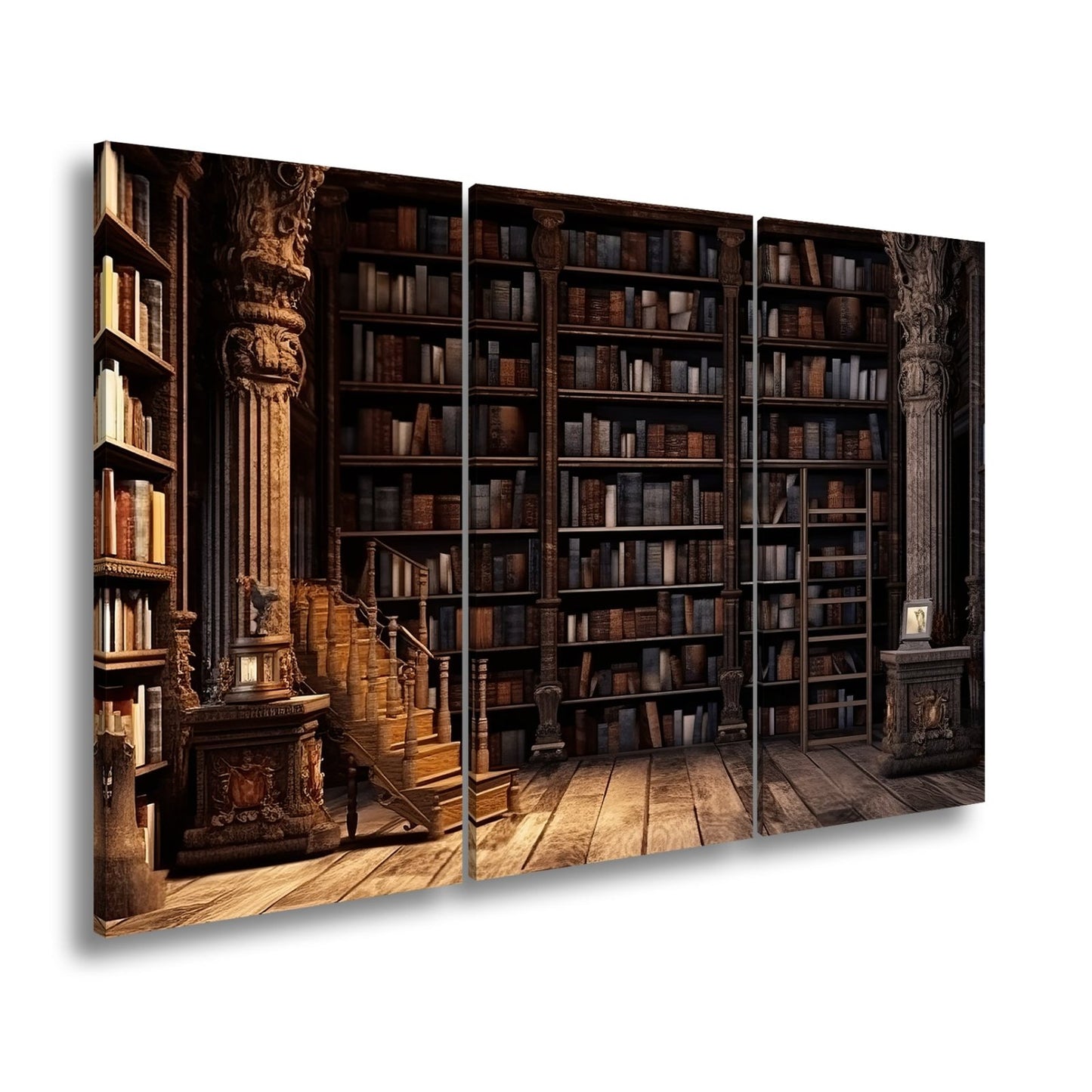 Leinwandbild Antike Bibliothek – Verzierte Säulen & Holzregale XXL - deyoli
