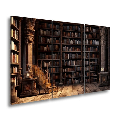 Leinwandbild Antike Bibliothek – Verzierte Säulen & Holzregale XXL - deyoli