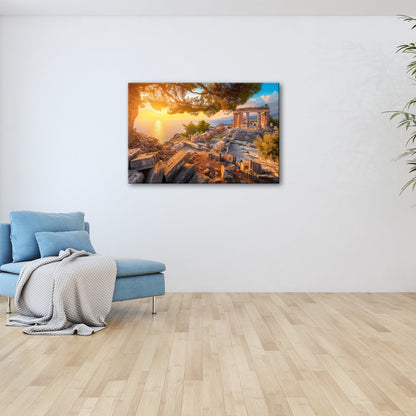 Leinwandbild Antike Ruinen über glühendem Mittelmeerhorizont XXL – Architektur - deyoli