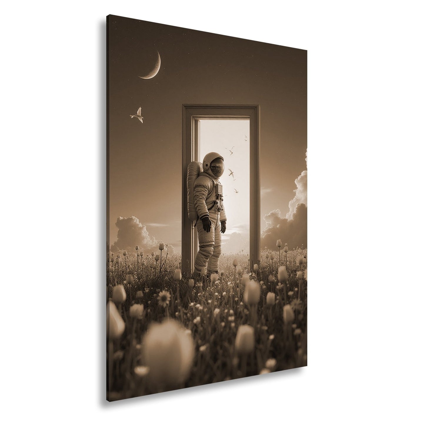 Leinwandbild Astronaut tritt ein – zwischen Traum, Himmel und Tulpen. - deyoli