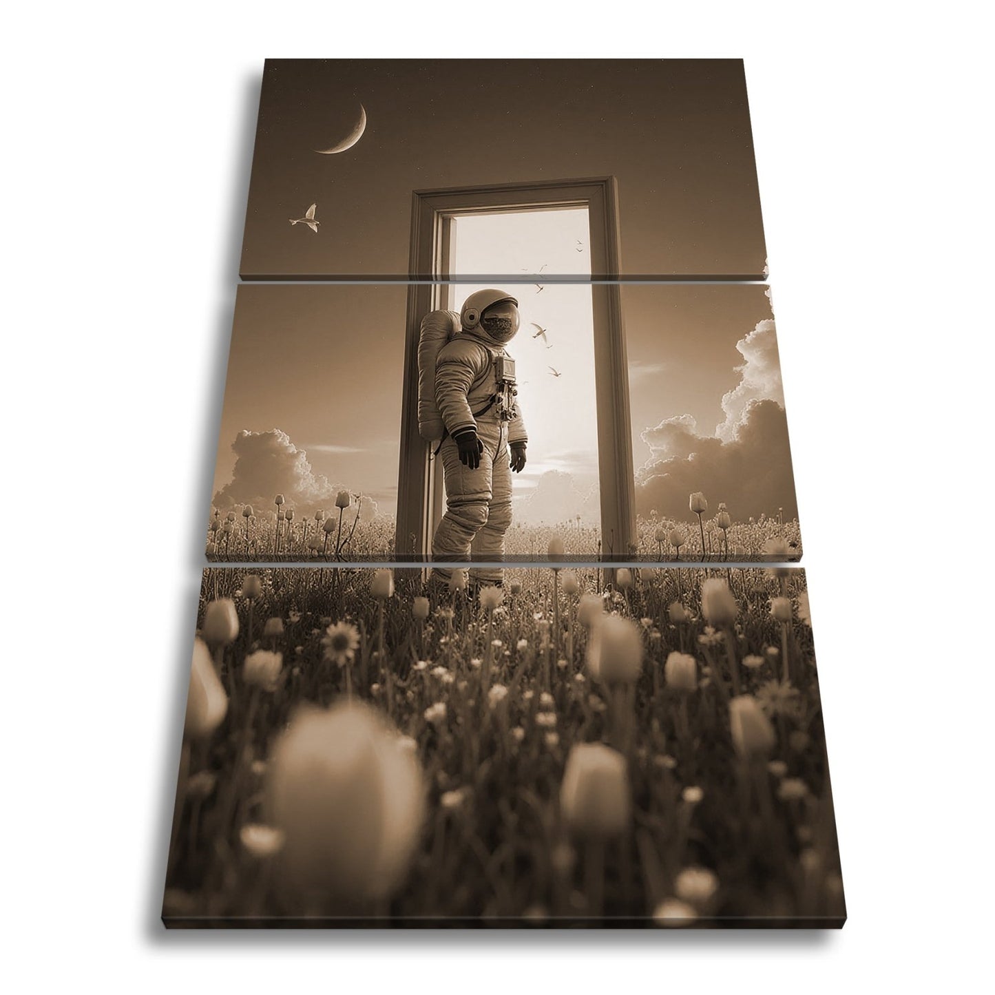 Leinwandbild Astronaut tritt ein – zwischen Traum, Himmel und Tulpen. - deyoli