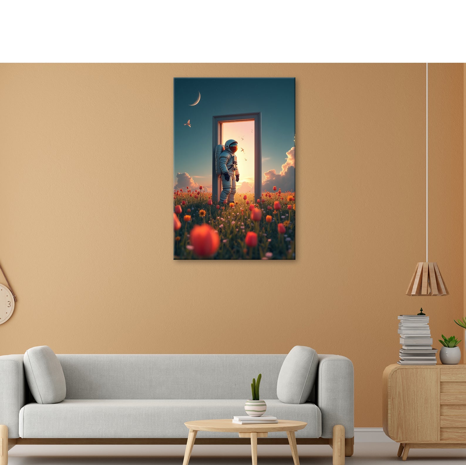 Leinwandbild Astronaut tritt ein – zwischen Traum, Himmel und Tulpen. - deyoli