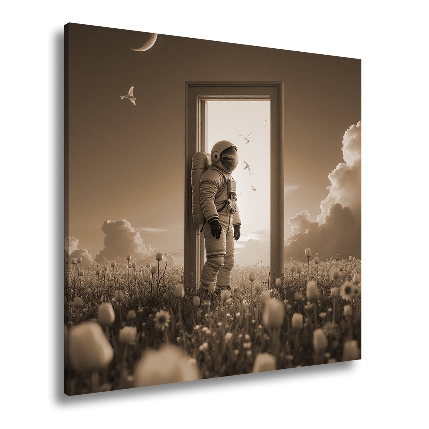 Leinwandbild Astronaut tritt ein – zwischen Traum, Himmel und Tulpen. - deyoli