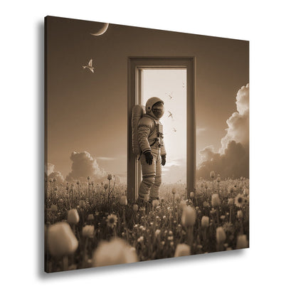 Leinwandbild Astronaut tritt ein – zwischen Traum, Himmel und Tulpen. - deyoli