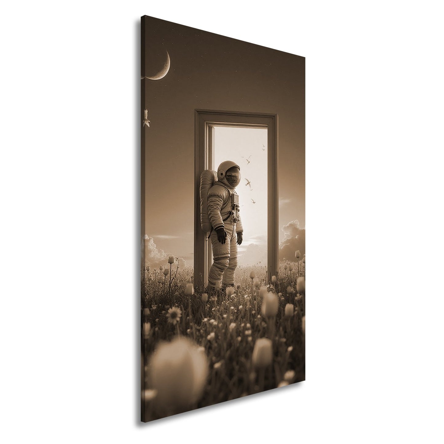 Leinwandbild Astronaut tritt ein – zwischen Traum, Himmel und Tulpen. - deyoli