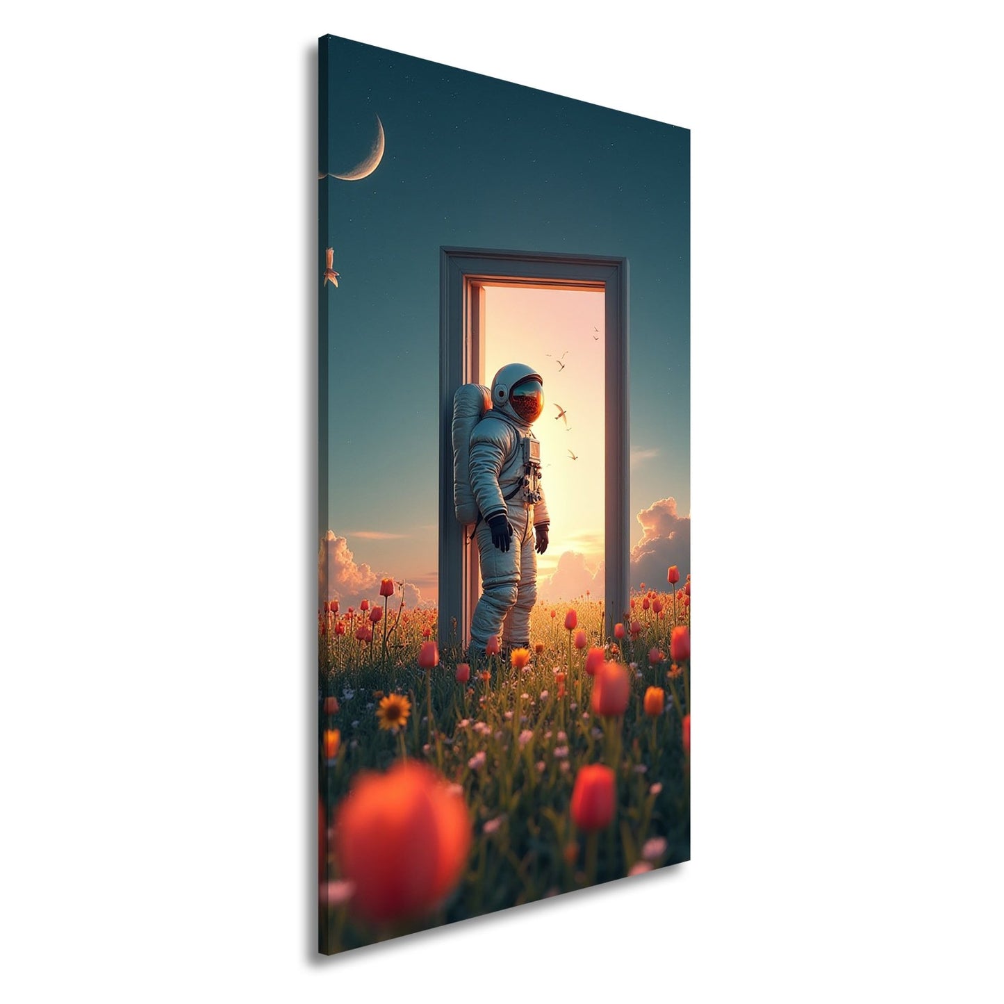 Leinwandbild Astronaut tritt ein – zwischen Traum, Himmel und Tulpen. - deyoli