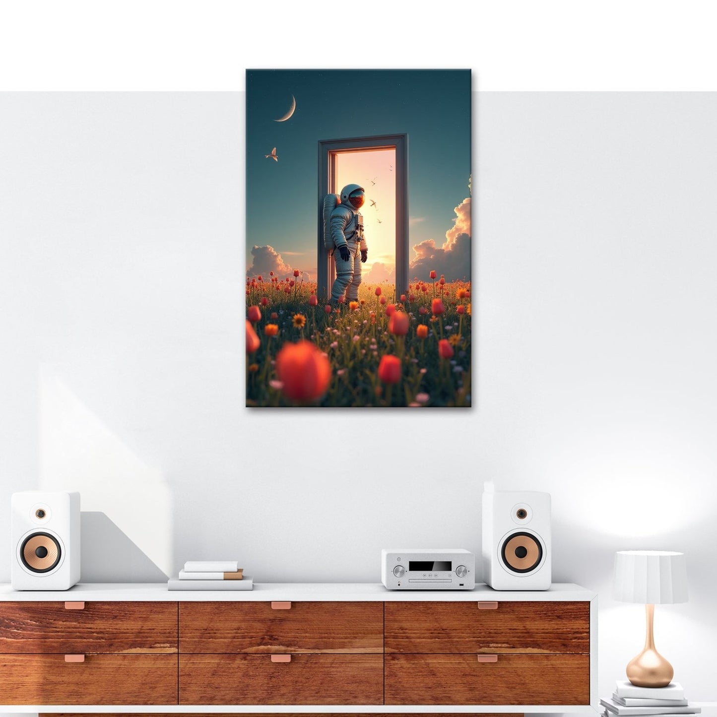 Leinwandbild Astronaut tritt ein – zwischen Traum, Himmel und Tulpen. - deyoli