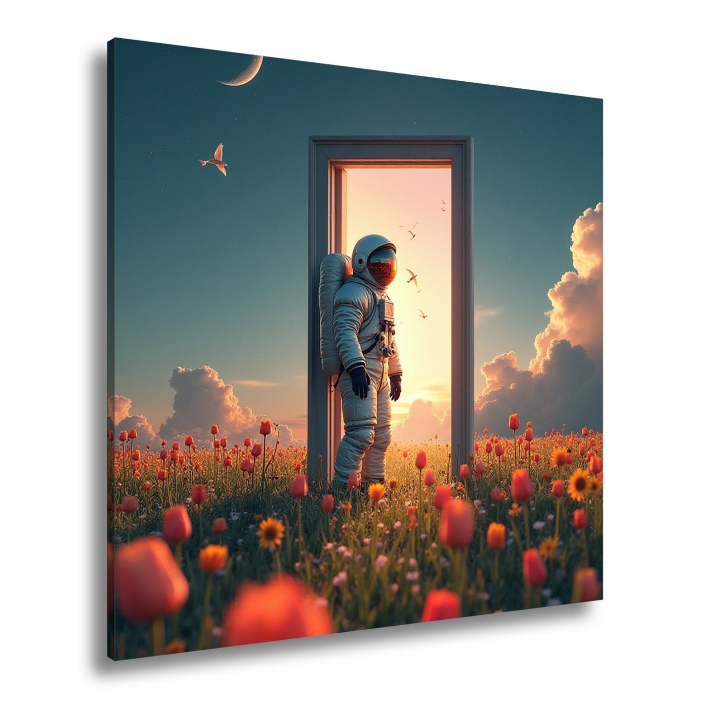 Leinwandbild Astronaut tritt ein – zwischen Traum, Himmel und Tulpen. - deyoli
