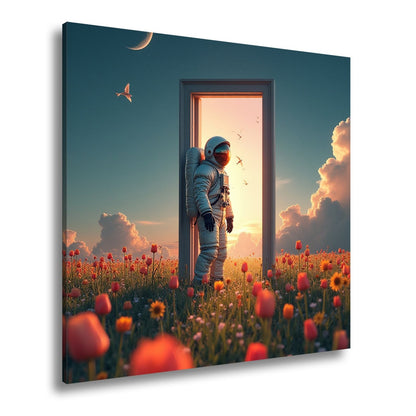 Leinwandbild Astronaut tritt ein – zwischen Traum, Himmel und Tulpen. - deyoli