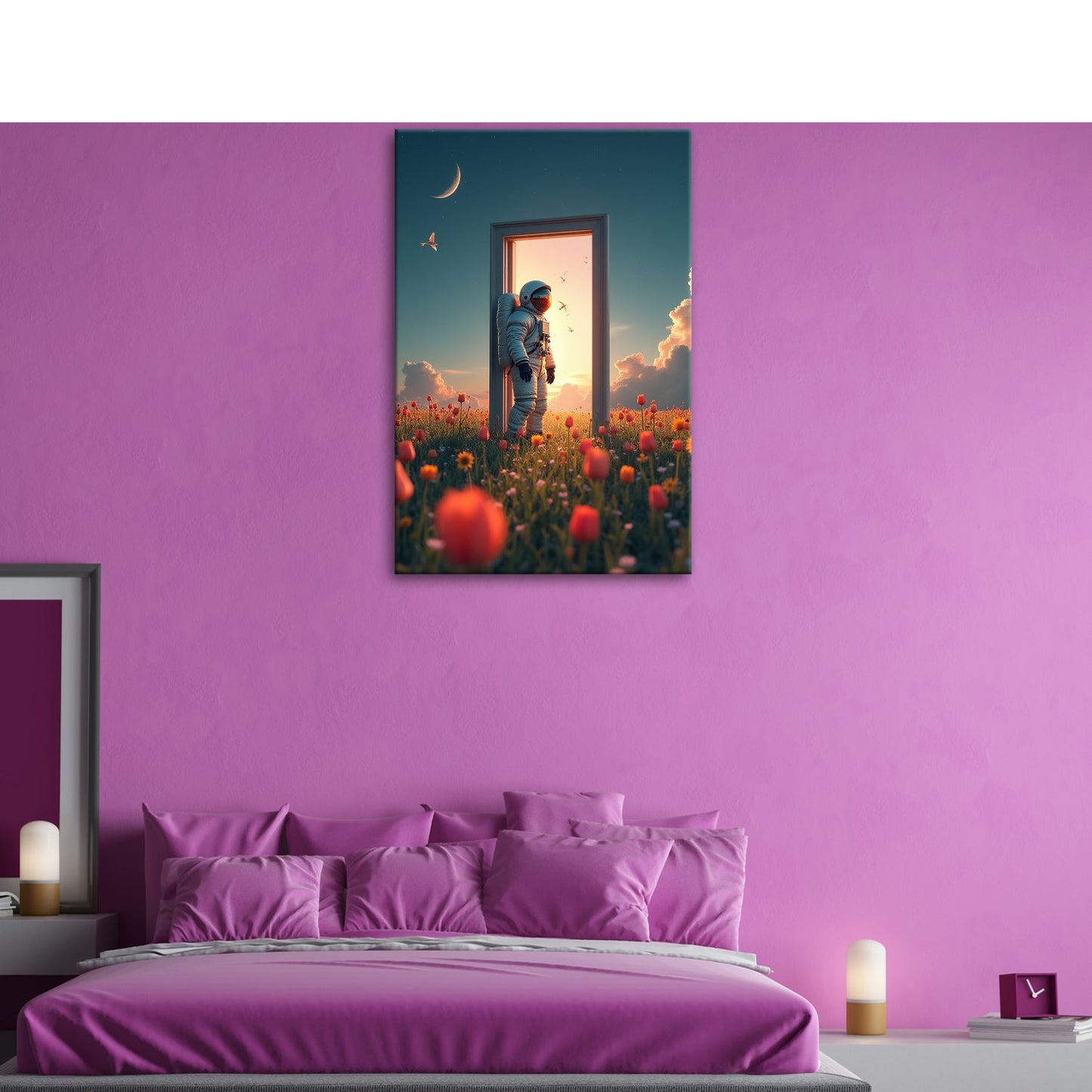 Leinwandbild Astronaut tritt ein – zwischen Traum, Himmel und Tulpen. - deyoli