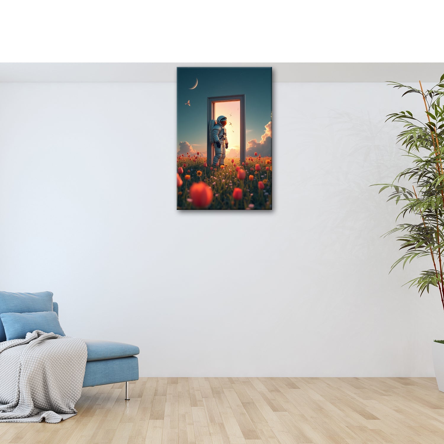Leinwandbild Astronaut tritt ein – zwischen Traum, Himmel und Tulpen. - deyoli