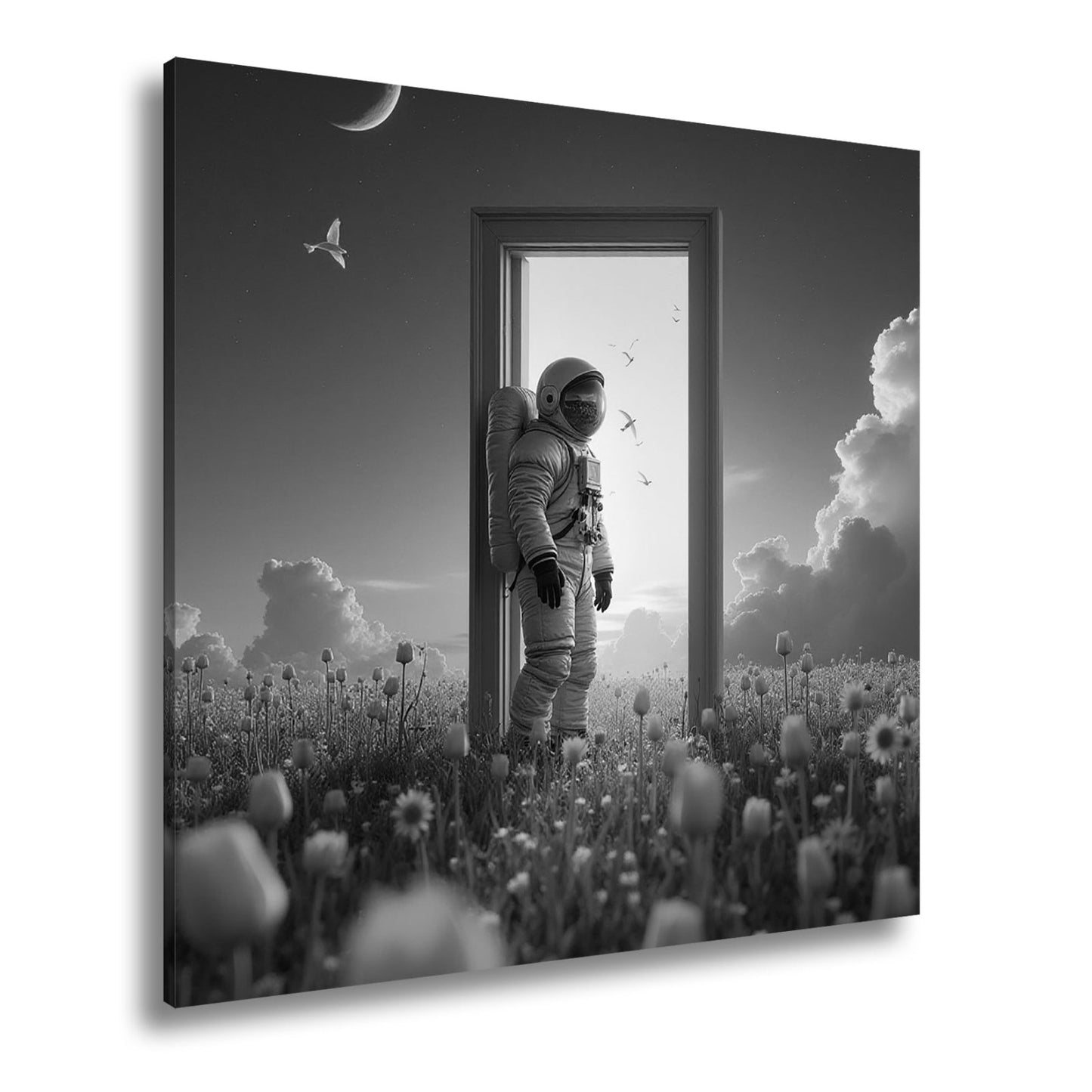 Leinwandbild Astronaut tritt ein – zwischen Traum, Himmel und Tulpen. - deyoli