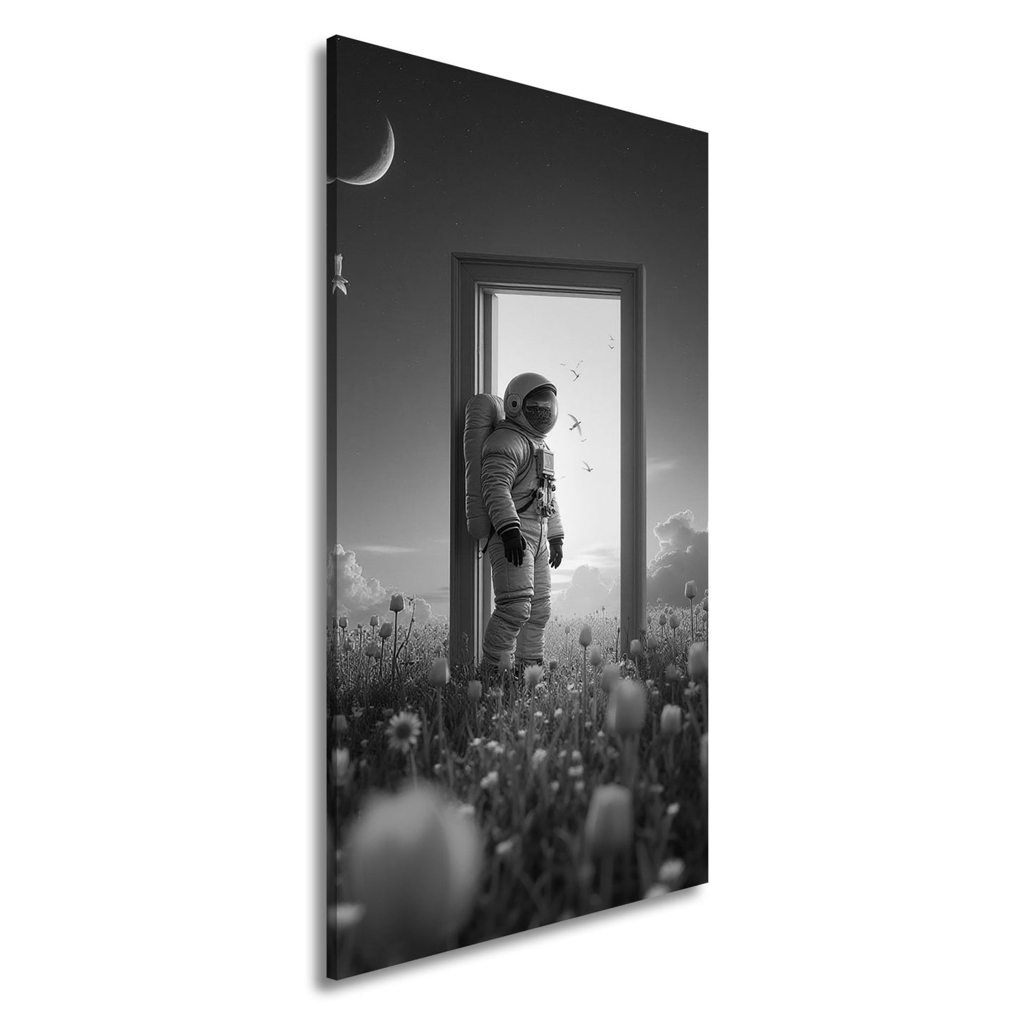 Leinwandbild Astronaut tritt ein – zwischen Traum, Himmel und Tulpen. - deyoli