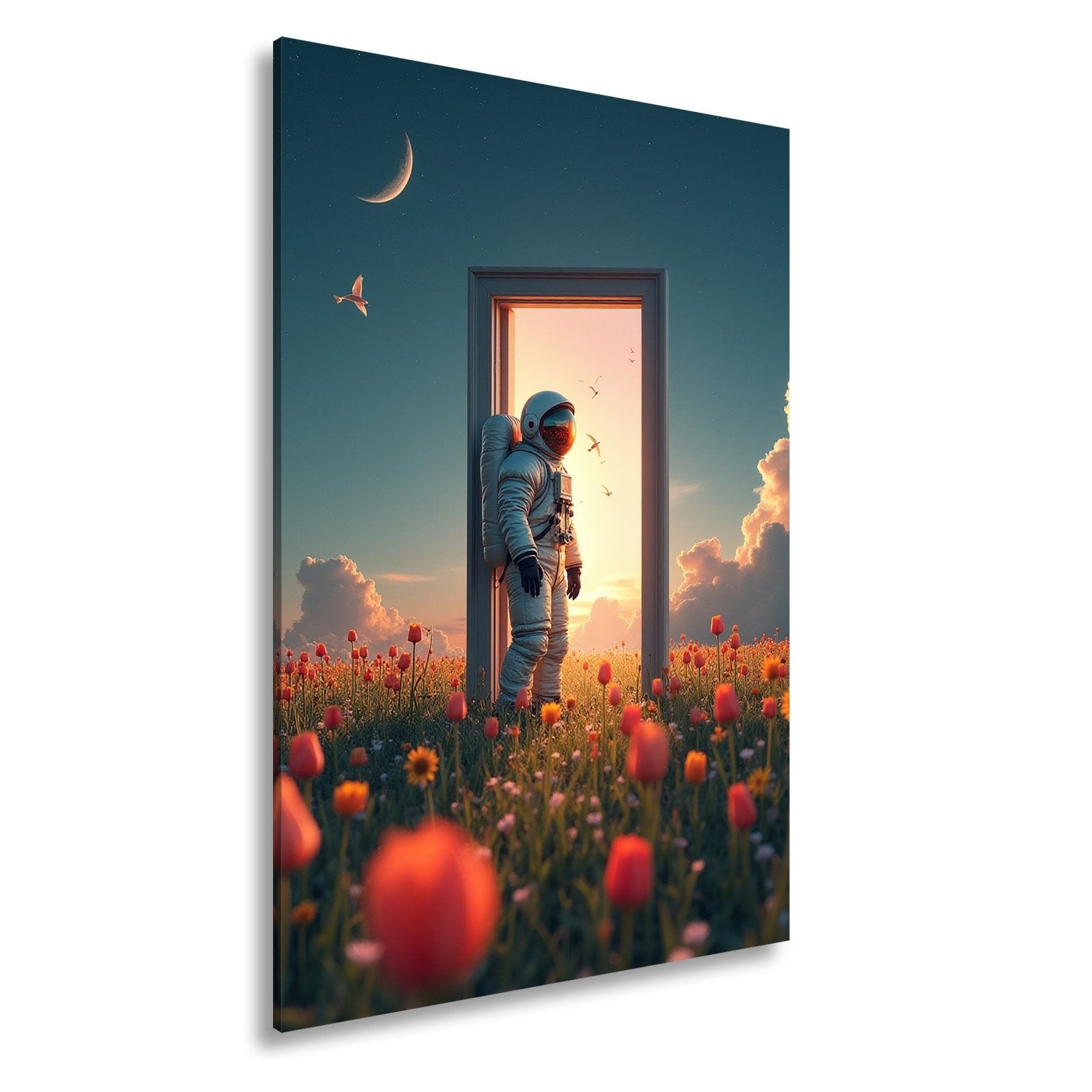 Leinwandbild Astronaut tritt ein – zwischen Traum, Himmel und Tulpen. - deyoli