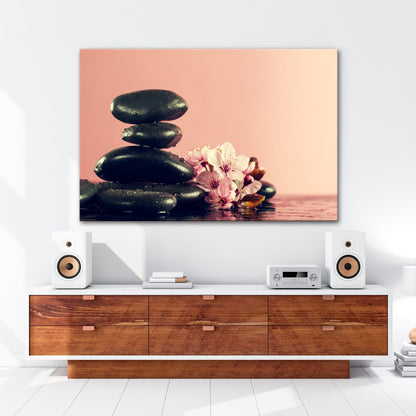 Leinwandbild Balance in Schwarz und Rosa – Zen trifft Frühling. - deyoli