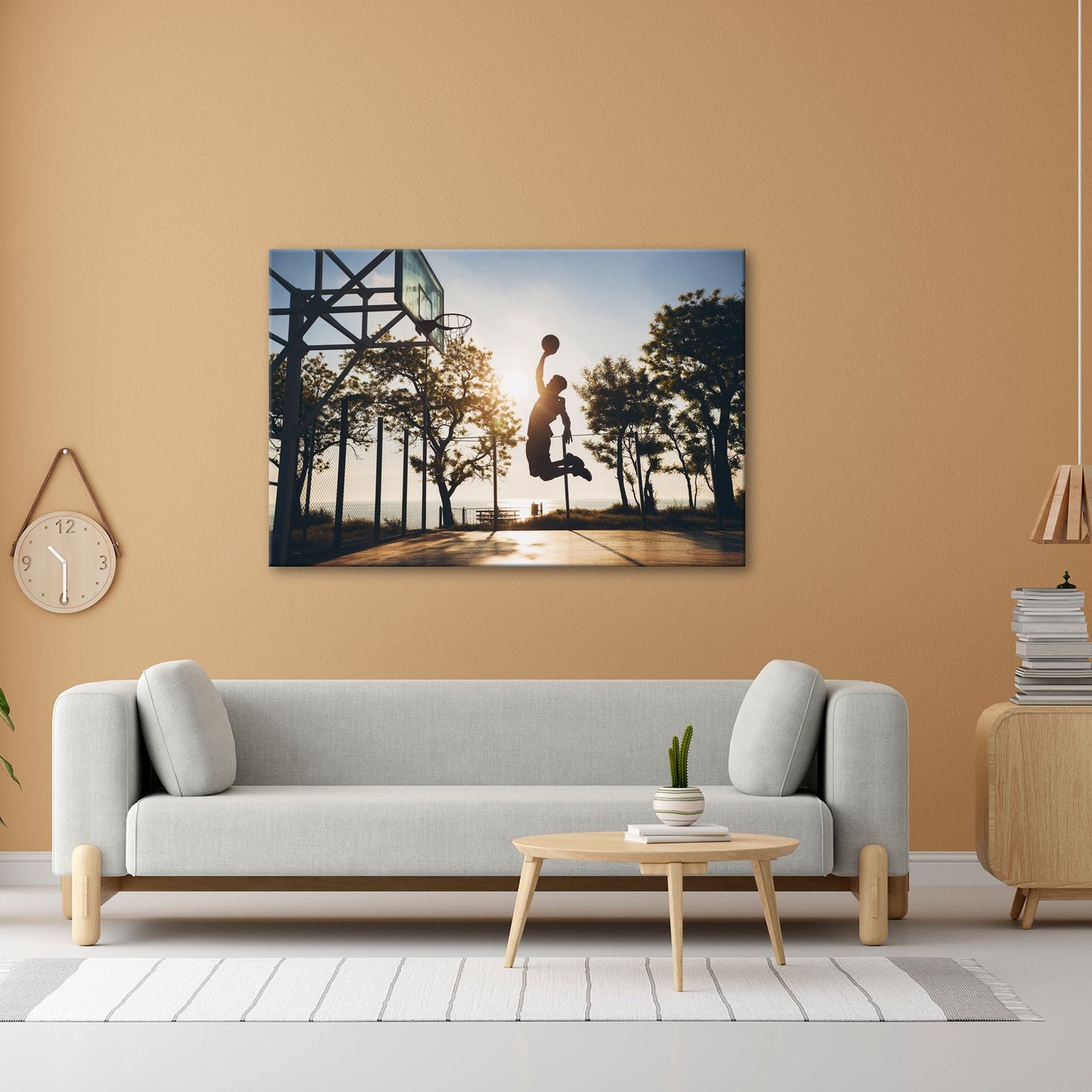 Leinwandbild Basketball Dunking Silhouette – Sport Abendhimmel XXL Canvas - deyoli