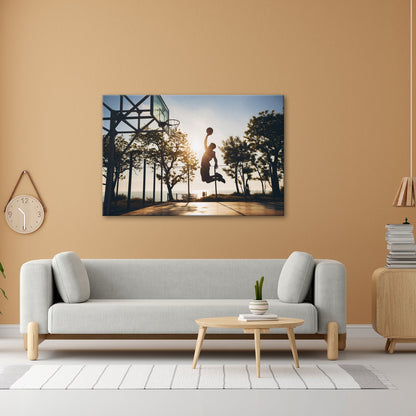 Leinwandbild Basketball Dunking Silhouette – Sport Abendhimmel XXL Canvas - deyoli
