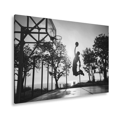 Leinwandbild Basketball Dunking Silhouette – Sport Abendhimmel XXL Canvas - deyoli