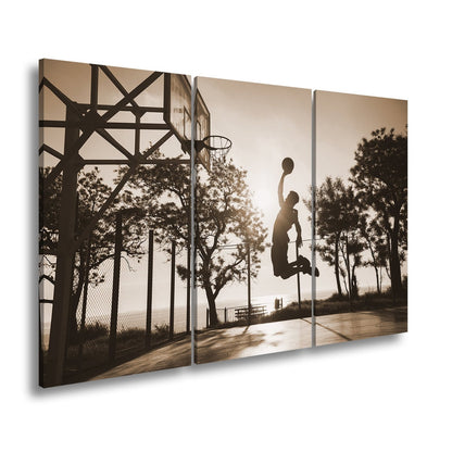 Leinwandbild Basketball Dunking Silhouette – Sport Abendhimmel XXL Canvas - deyoli