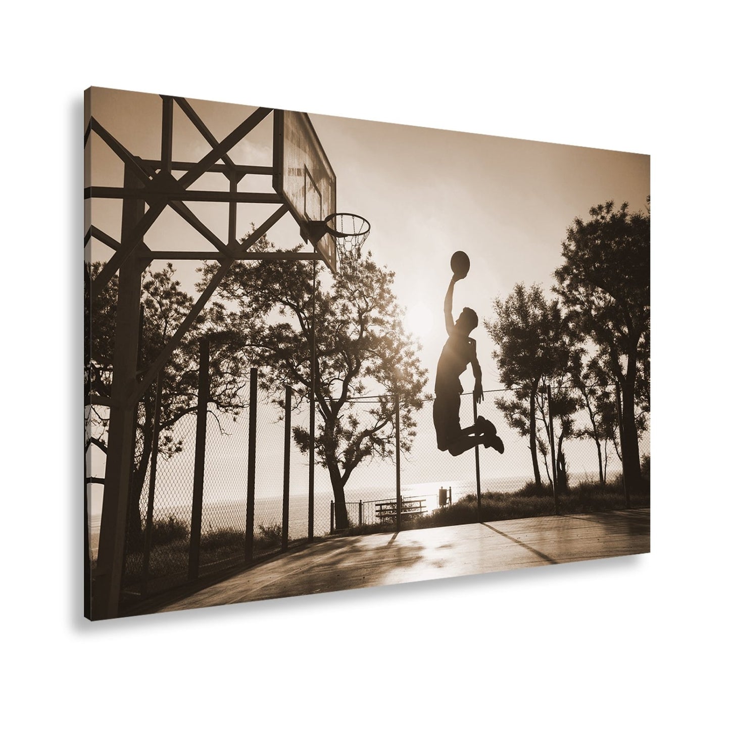 Leinwandbild Basketball Dunking Silhouette – Sport Abendhimmel XXL Canvas - deyoli
